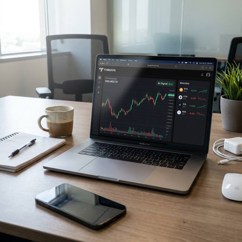 The Thruvix trading dashboard on a laptop, showing a candlestick chart, portfolio balance, an AI buy signal and a cryptoasset watchlist