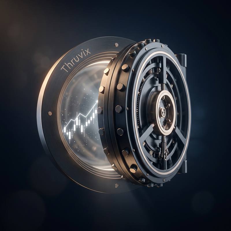 A heavy circular vault door engraved with the Thruvix name, swinging open to reveal a glowing candlestick chart inside