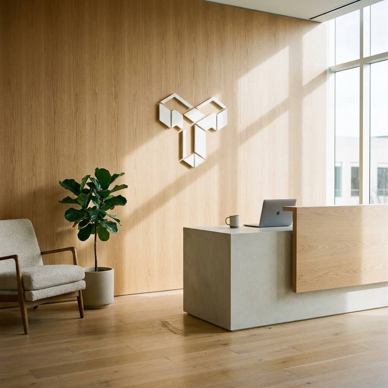 The Thruvix reception: a pale oak wall carrying the white isometric Thruvix logo, a fiddle-leaf fig, a lounge chair and a stone reception desk in morning light