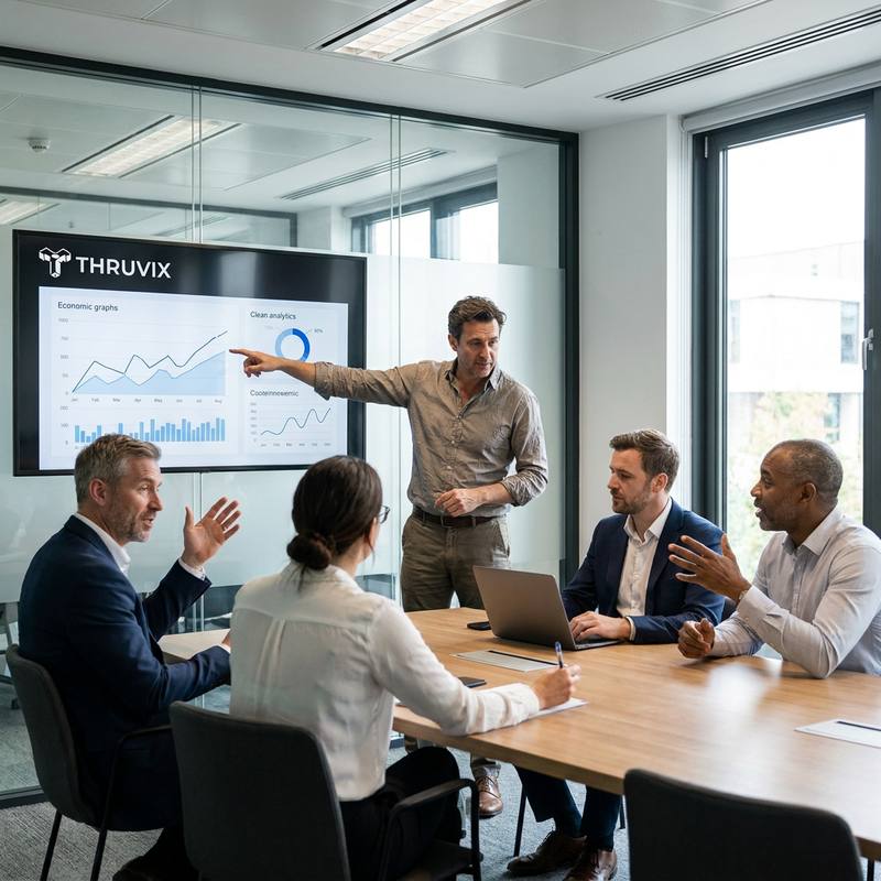 Thruvix team members in a glass-walled London meeting room, one of them presenting economic charts on a wall screen that shows the Thruvix logo